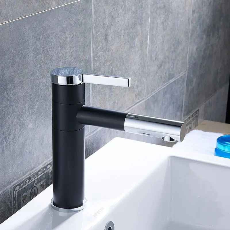 Black-Sliver(Short) Смеситель для ванной комнаты 360 градусов вращающийся смеситель для раковины на бортике поворотный носик с одной ручкой кран для горячей и холодной воды - Цвет: Black-Sliver(Short)