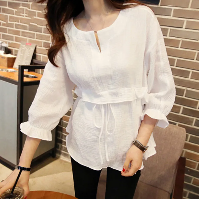 

2019 new spring fashion women clothing long sleeved blouses o-neck white shirt style lady white solid women tops