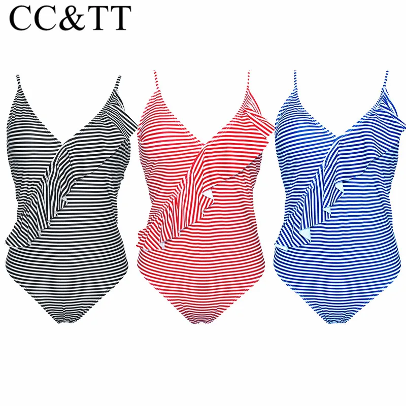 Женский купальник в полоску CC &amp TT голубой Цельный с v-образным вырезом монокини