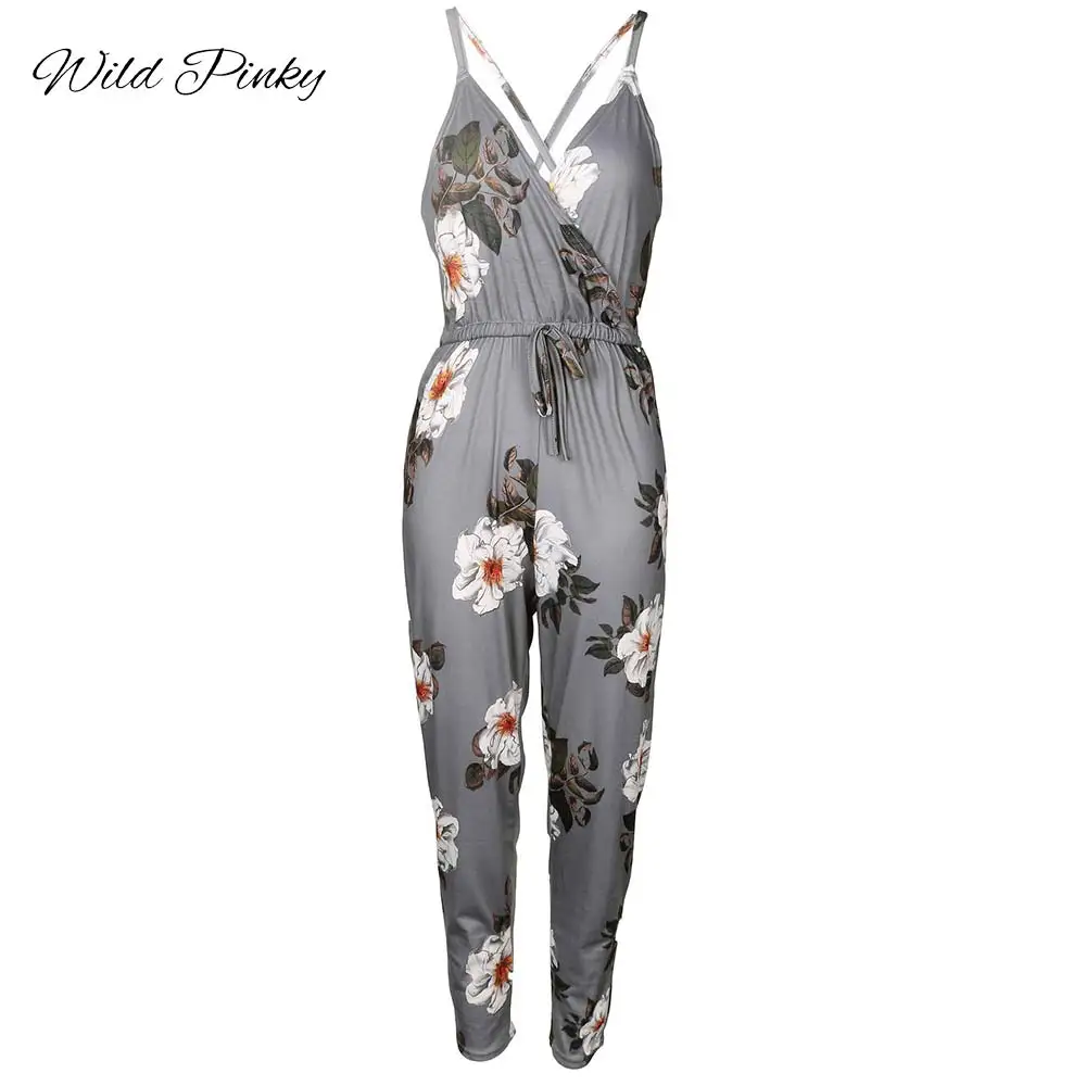 Женский комбинезон с цветочным принтом V образным вырезом и открытой