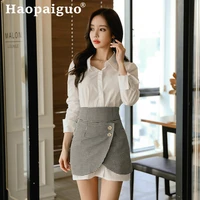 2019 summer office work two pieces set for ladies long sleeve white shirt and empire houndstooth mini skirt women 2 pieces set
