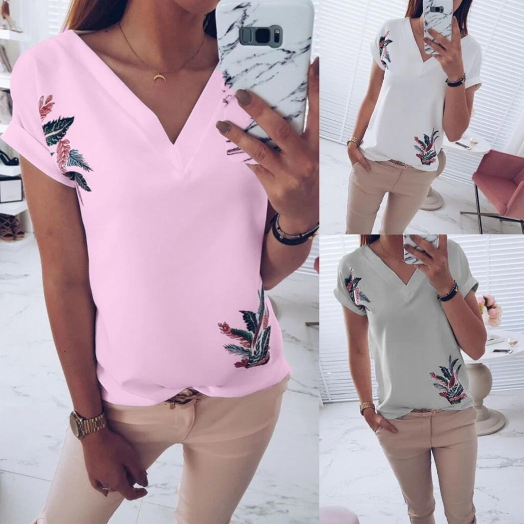 Women Leaf Printed Chiffon T Shirt 2019 Summer V Neck Short Sleeve Casual Tops Fashion Ladies Slim Fit Tee T-Shirts Femme Blusas | Женская