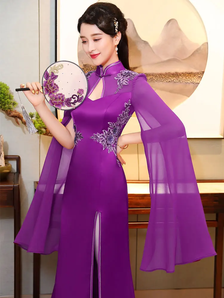 Сексуальное Тонкое раздельное длинное платье Qipao Nevoly для женщин сценическое платье китайский стиль вышивка Чонсам с цветами большой размер XXXL