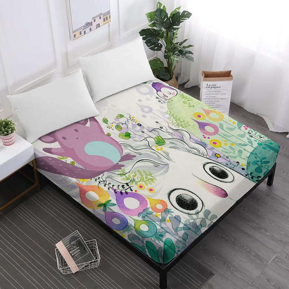 Кровать totoro с рисунком из мультфильма, цветная простыня с принтом растений, детские постельные принадлежности, King queen, глубокий карман, наматрасник, домашний декор D20