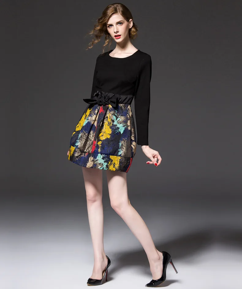 

Women's dress Autumn Style Elegant Party Dress High Quality Brand Black Long Sleeves A-line Slim Stitching Dress 15375 dress