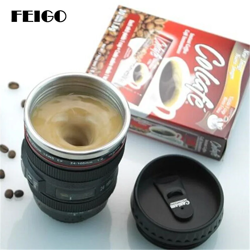 

FEIGO New 400ML Stainless Steel Mixing cup Creative Caniam SLR Camera Lens 24-105mm 1:1 Scale Coffee Tea Cups Mugs With Lid F385