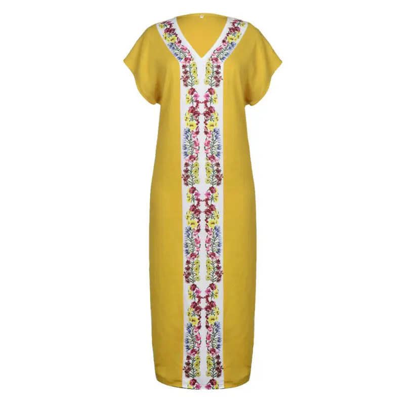 

Women Vintage Bohemian V-Neck Short Butterfly Sleeve Print Slit Maxi Long Dress