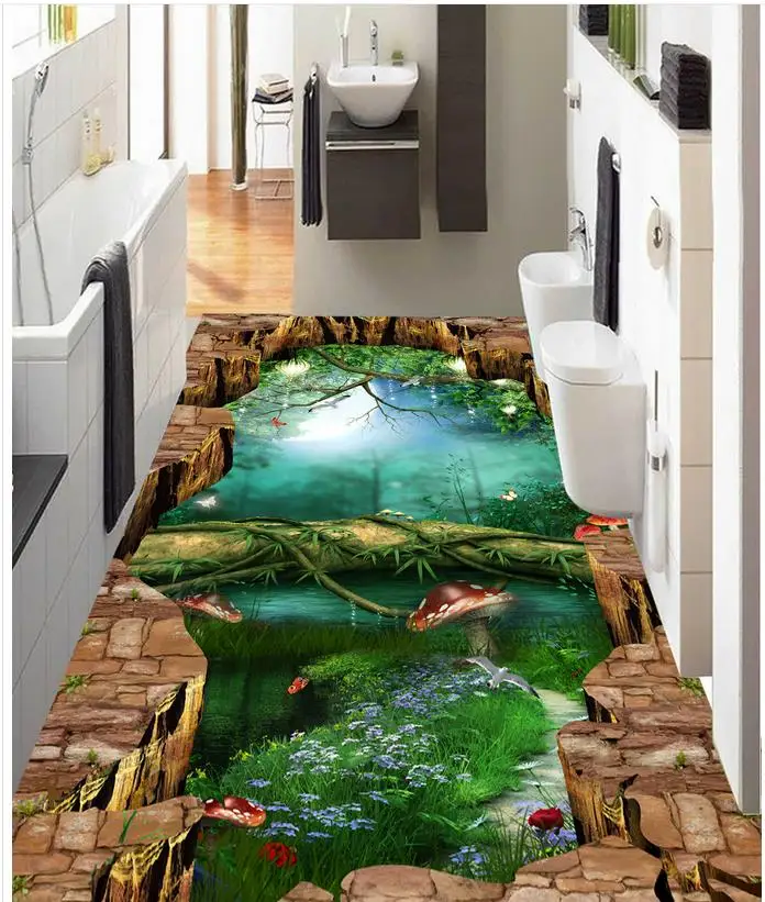 3D-обои с рисунком пола водостойкие обои 3d изображением скалы леса дороги ванной