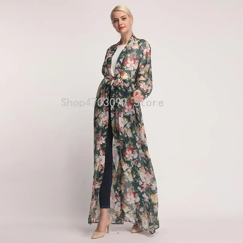 Abaya женский открытый кардиган шифон цветочный принт весенний Повседневный
