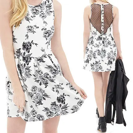 2015 new women's button-back retro wave point gauze stitching rose print dress with floral pattern XS S M L XL XXL 69C | Женская