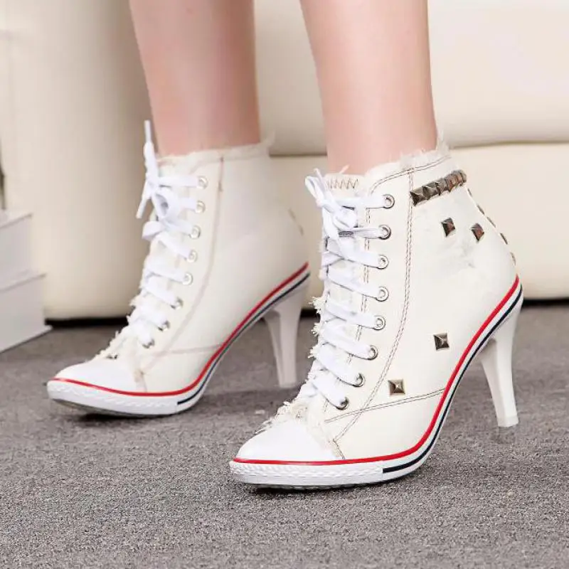 Женская обувь джинсы высокий каблук заклепки парусиновая новая обувь|high heels|women