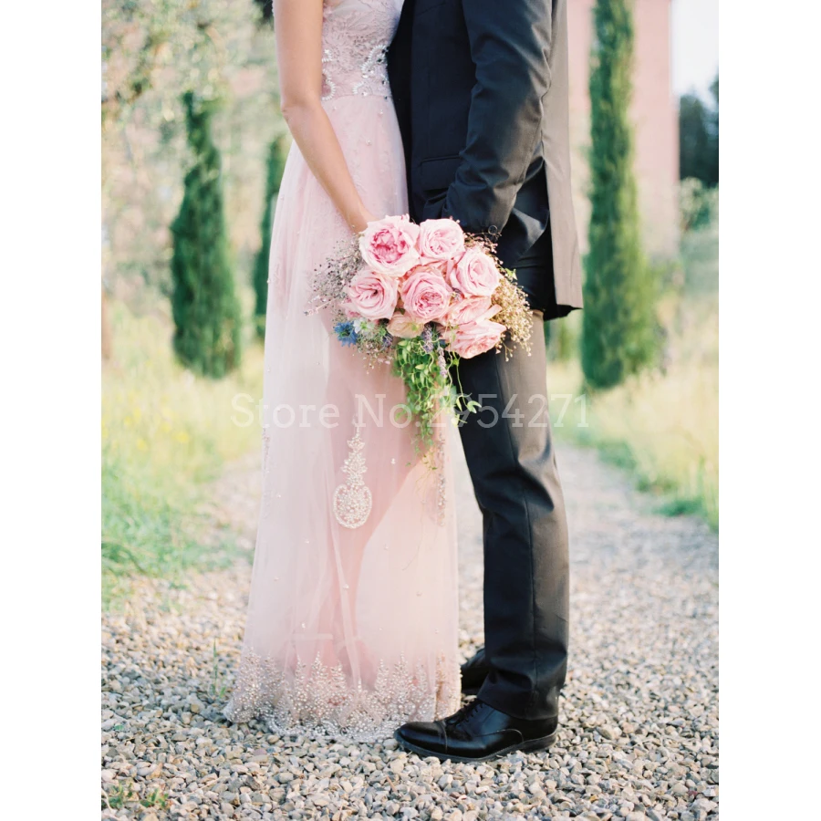 Розовое пляжное свадебное платье в стиле бохо кружевное прозрачное фатиновое с