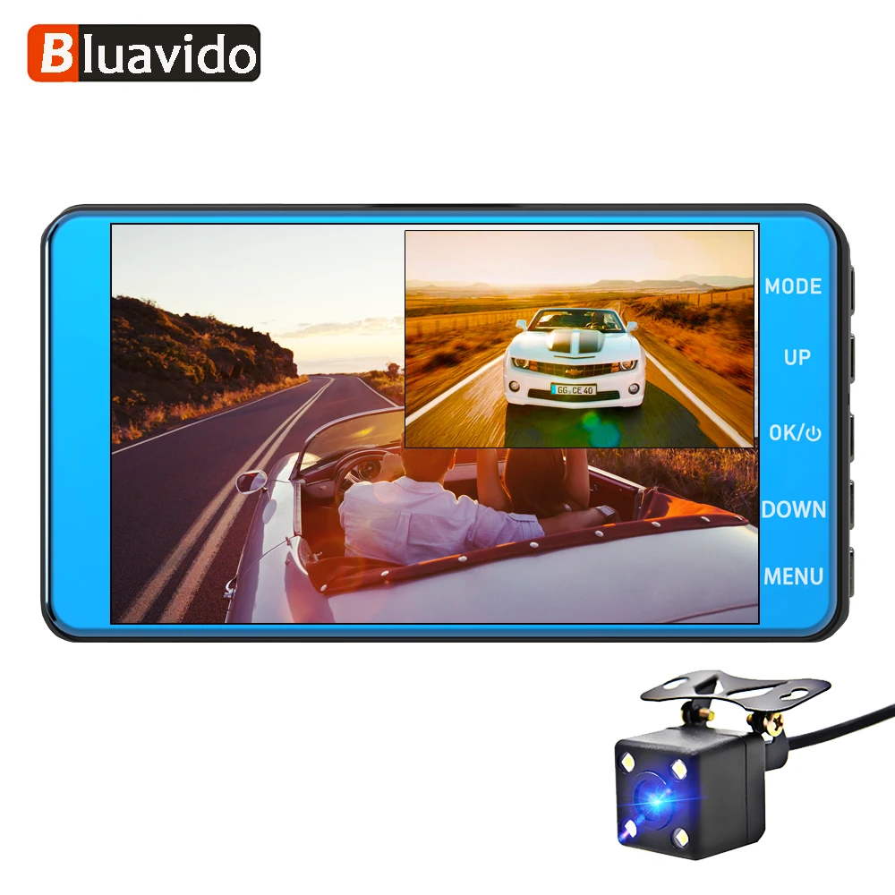 

Bluavido 4 inch Car DVR Camera FHD 1080P Video Recorder ADAS WDR Night vision Dual Lens Dash cam 170 Degree angle motion detect