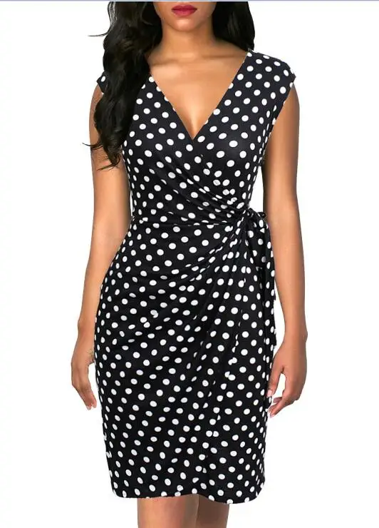 6028 Black Dots Berydress, винтажное женское платье, в горошек, с коротким рукавом, черное, с запахом, Vestidos, облегающее, облегающее, миди, летнее, Драпированное, вечерние, платье - Цвет: 6028 Black Dots