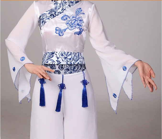 Китайский классический танцевальный костюм для взрослых женские сине белые