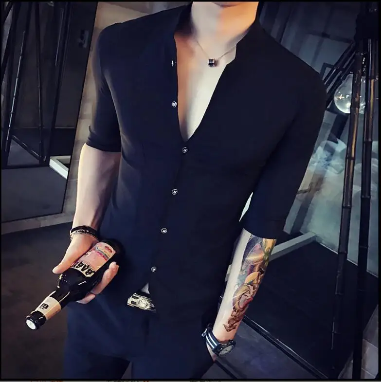 stand collar chinese style shirt men slim fit korea clothes men half sleeve 2018 summer designer club shirt camisa masculina free global shipping