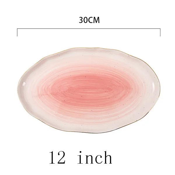 12 inch Pink Набор керамических обеденных тарелок с золотым покрытием, тарелки, фарфоровые тарелки с рисовой рыбой, стейк, десертная посуда, необычная тарелка ручной работы - Цвет: 12 inch Pink
