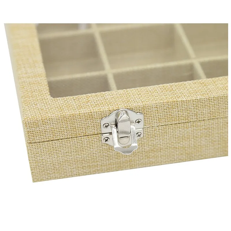 

24 Grid Linen Jewelry Box Removable Jewelry Showcase Storage Rings Earrings Brooch Buttons Vintage Jewelry Organizer Glass Top