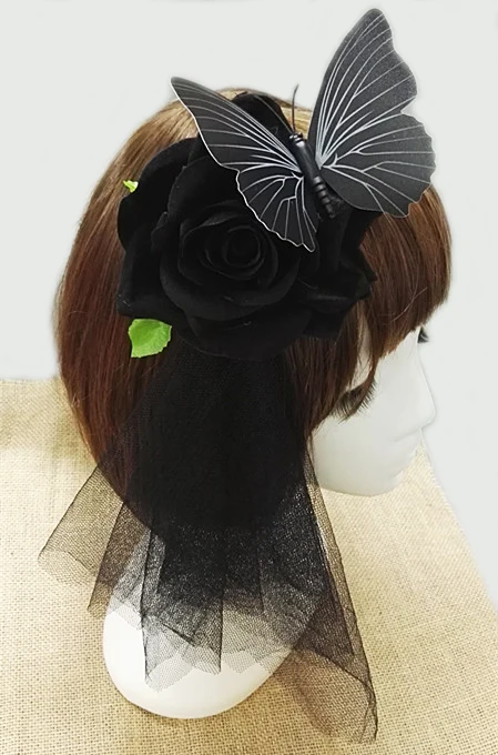 Black with Butterfly Розовая ткань Лолита для девочек, заколка для волос/брошь, Готическая леди, вуаль с бабочками аксессуары для волос ручной работы - Цвет: Black with Butterfly