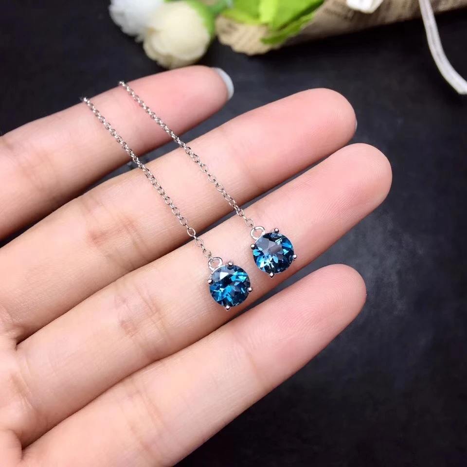 

Серьги-подвески женские, круглые, из серьги-капли с камнями серебра 925 пробы с натуральным голубым топазом