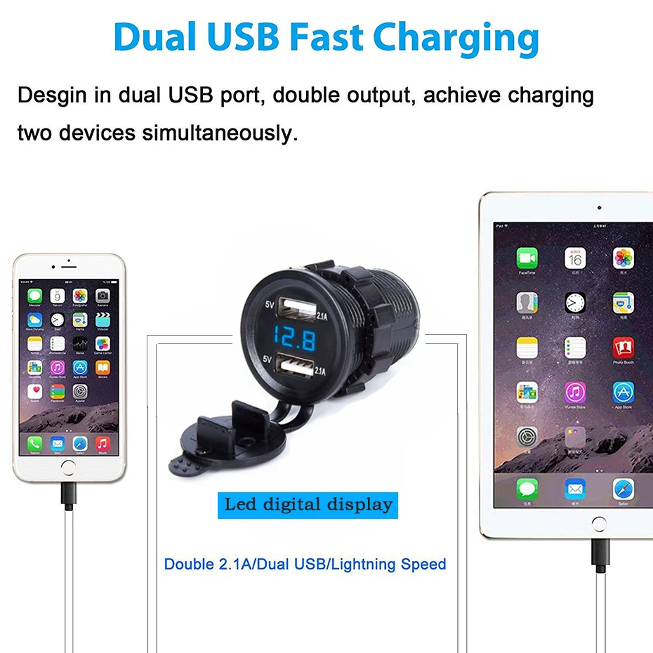 5V 2.4A+ 2.4A лодка мотоцикл автомобиль USB зарядное устройство разъем вольтметр прикуриватель автомобильный адаптер зарядного устройства с двойным USB Voltage12v-24V