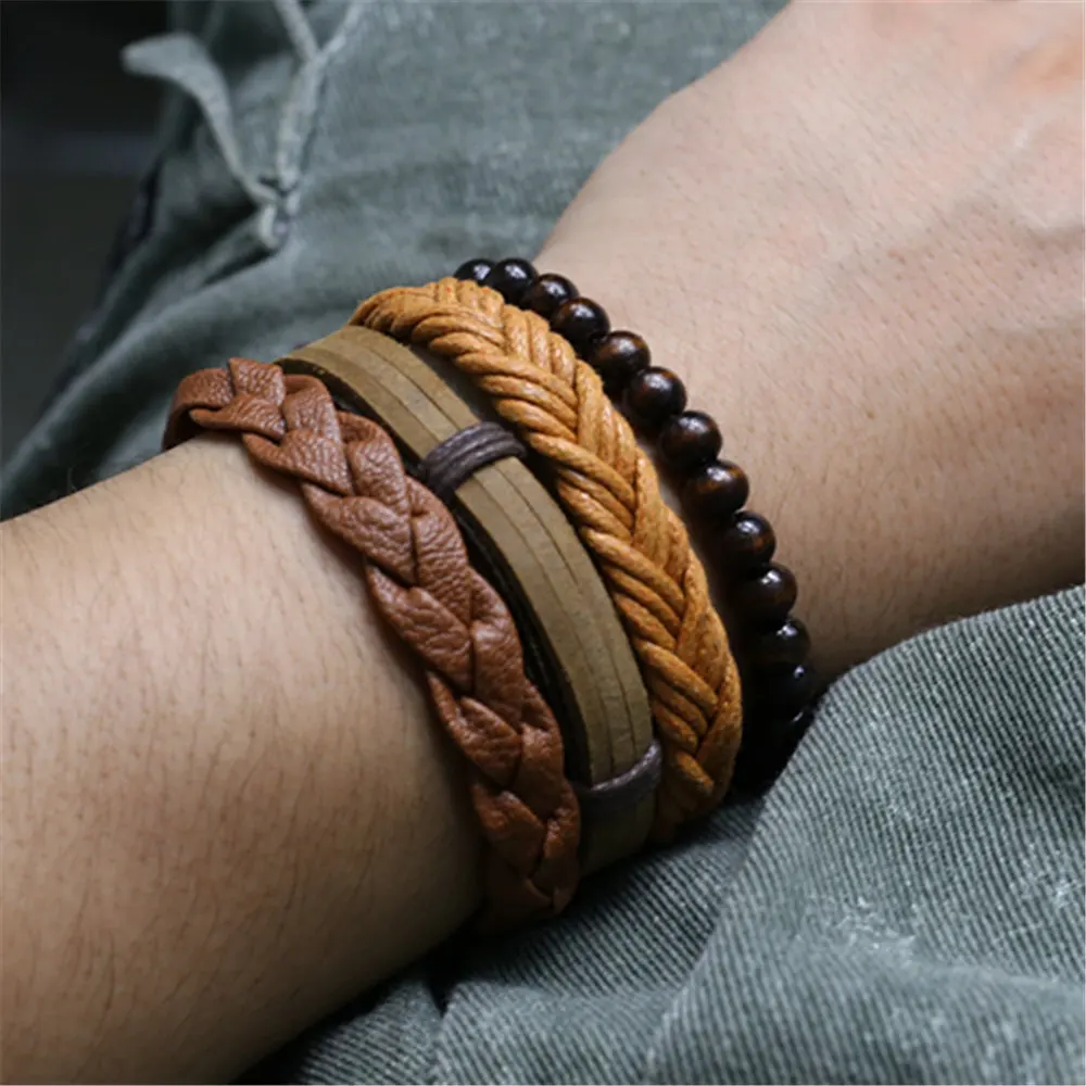 Тканый кожаный браслет цвета хаки 4 шт./компл. с деревянными бусинами в стиле
