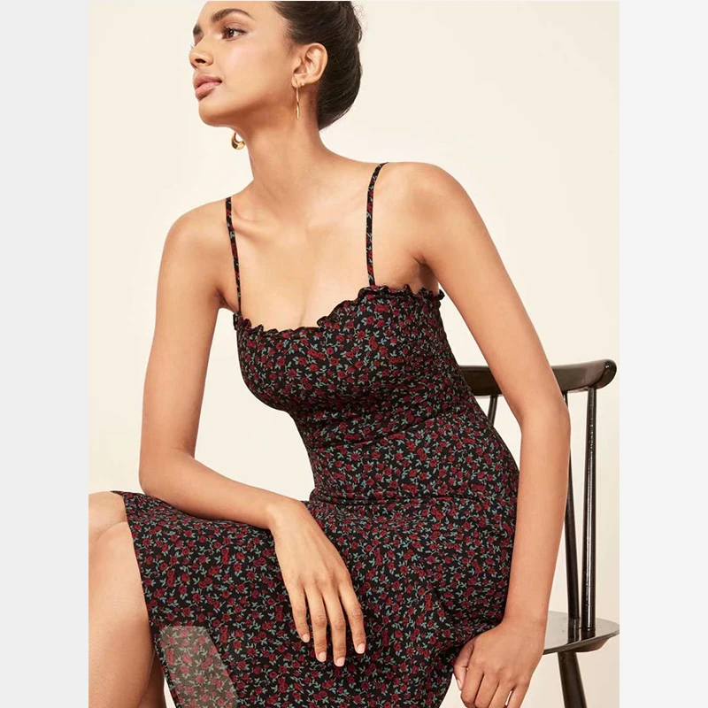 Elegant Vintage split dress chiffon with straps slash neck backless A line slim waist elastic bust summer party dress women