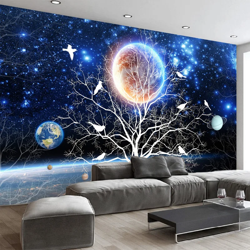 

Customize Any Size Mural 3D Starry Tree Flowers And Birds Wall Painting Modern Living Room Sofa Home Decoration Photo Wallpaper