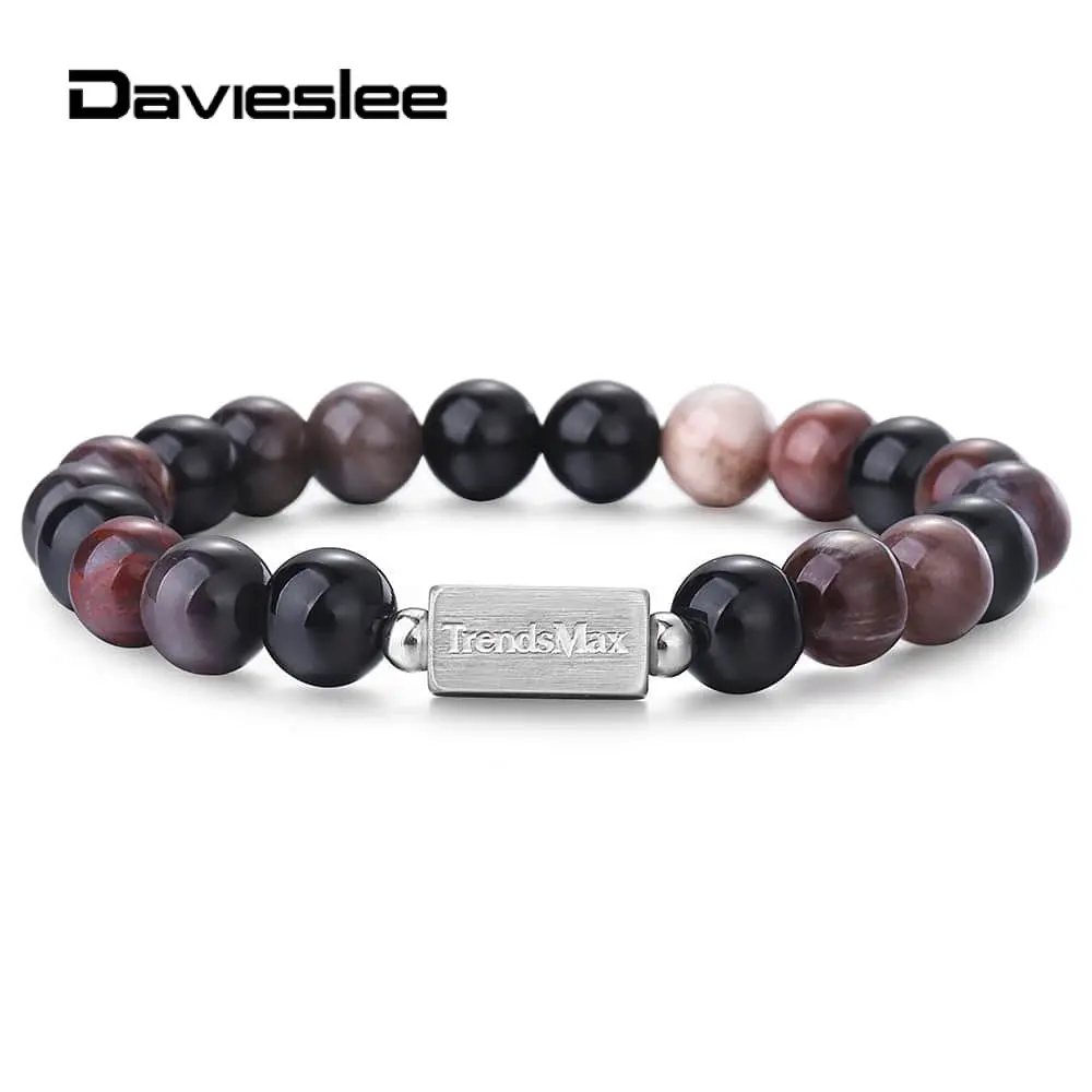 10mm Mens Bracelets Petrified Wood Natural Onyx Stone Stretch Stainless Steel Bead for Men LTBB0020210MM_9 | Украшения и