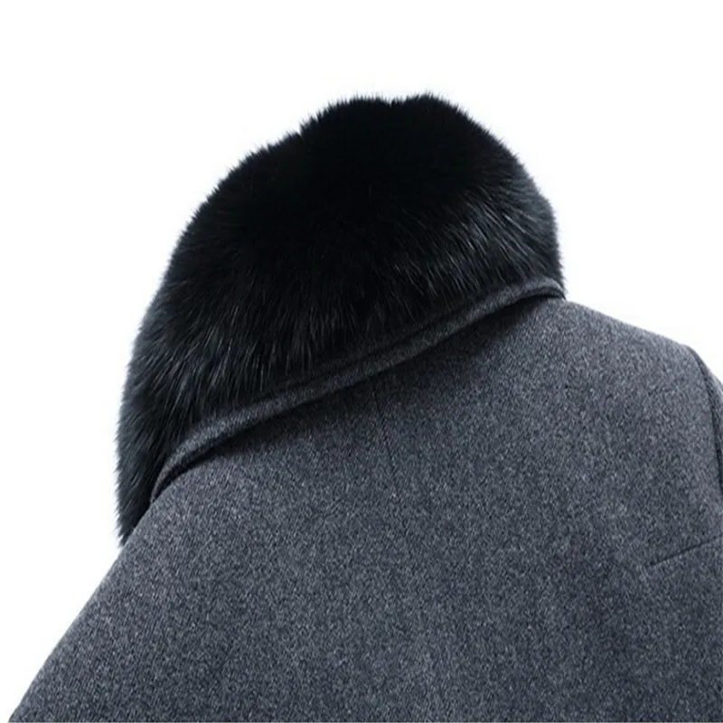 2018 autumn winter men's fashion cotton and thickening coats high-end leisure fox fur collar pure color in the long wool coat | Мужская