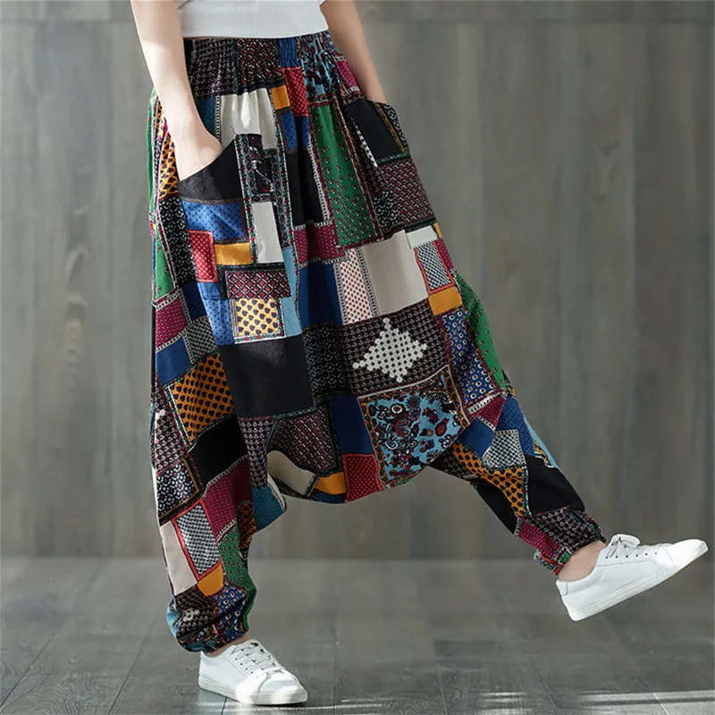 Женские штаны-шаровары Boho, свободные, негабаритные, смешанный хлопок, уличная одежда, хип-хоп танцевальные брюки, этнический принт, брюки хиппи