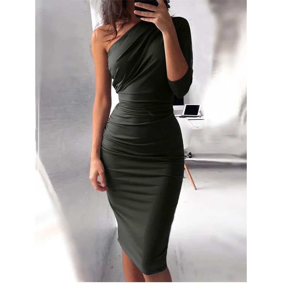 На Одно Плечо плюс размеры для женщин пикантные платья для Bodycon Элегантный Половина рукава по колено Вечерние вечернее платье женщи