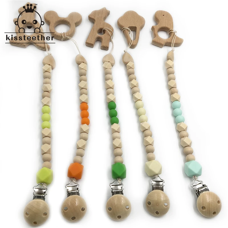 

5pc Baby Teether Organic Wooden Animal Teether Natural Teething Grasping Toy Silicone Bead Toddler Teether Newborn DIY Baby Gift