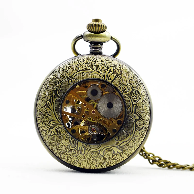 Bronze Mesh Hollow Relief Mechanical Pocket Watch Retro Steampunk Manual Winding Fob Chain Clock for Men and Women Holiday Gifts