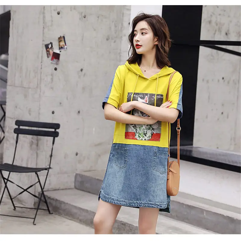 Женское джинсовое платье с капюшоном повседневное свободное мини-платье