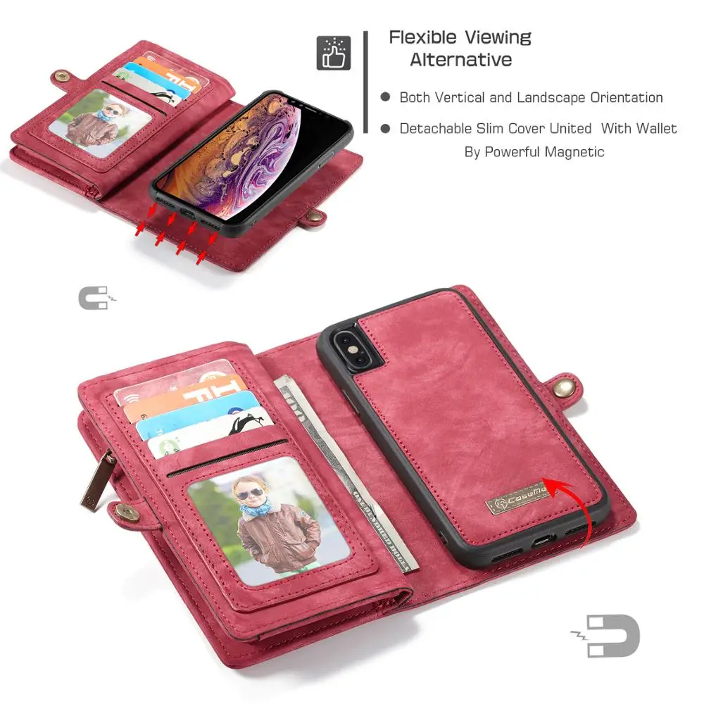 Detachable Magnetic Zipper Leather Card Slots Wallet Cover Case For iphone X XS MAX XR 6 7 8 6S Plus Fur Flip Stand Protect Cape