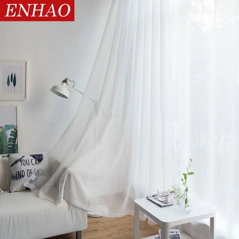 Современные однотонные тюлевые шторы ENHAO для гостиной, спальни, кухни, сплошные оконные шторы из белой вуали, тюлевые шторы, занавески