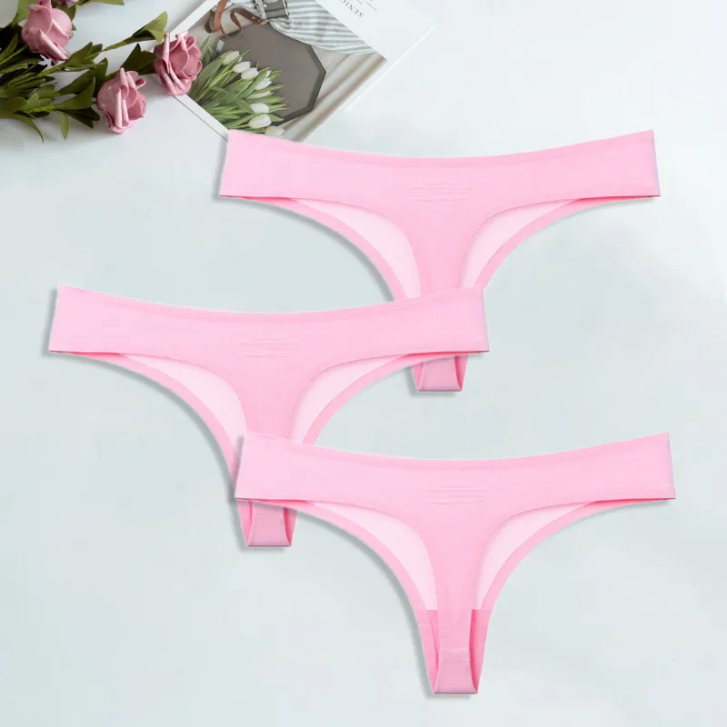 Pink-3 pcs Шелк льда стринги для женский сексуальный бесшовный стринги трусики хлопок женское нижнее белье девушки бикини женские трусы нижнее белье 3 шт./компл - Цвет: Pink-3 pcs
