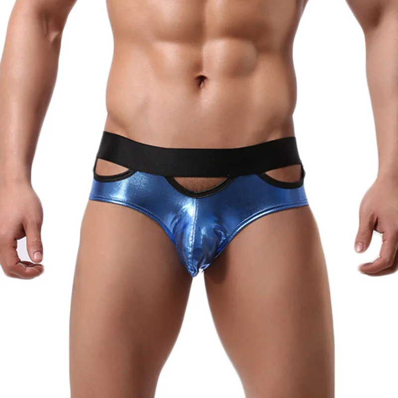 

Мужские трусы брифы с карманом, Сияющие Трусы из искусственной кожи с U-образным выпуклым отверстием, сексуальное нижнее белье для мужчин, г...