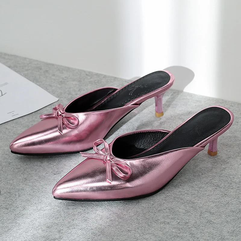 Pink Г., новые дизайнерские тапочки женские туфли-сабо из лакированной кожи с узлом-бабочкой, на высоком каблуке, без шнуровки, с острым носком - Цвет: Pink