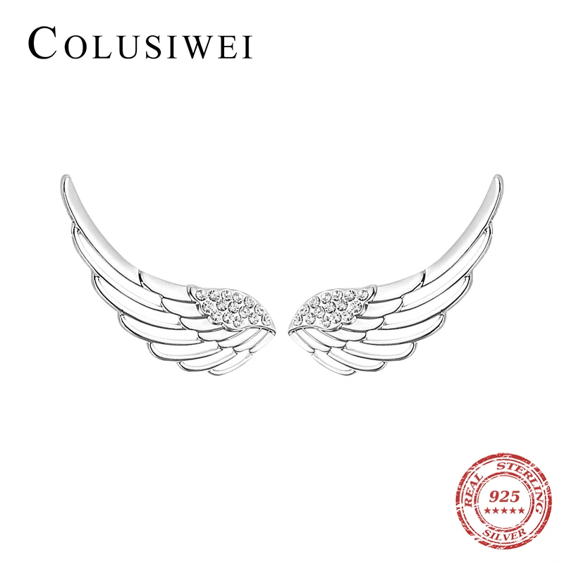 

Colusiwei 100% 925 Sterling Silver Clear CZ Fashion Wings Stud Earrings For Women Charm Elegent Sterling Silver Feather Jewelry