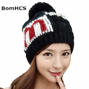 BomHCS Women's Fashion Winter Warm Letter "M" Five-pointed Star Beanie Handmade Knitted Hat Cap