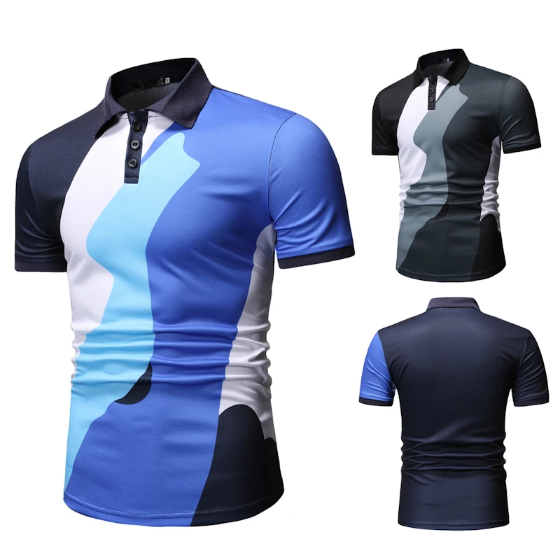 

2019 new Summer Men's elastic Short Sleeve Polo Shirt Male Contrast Color Stripe Print Slim Lapel Casual Mens cotton Polo Shirt