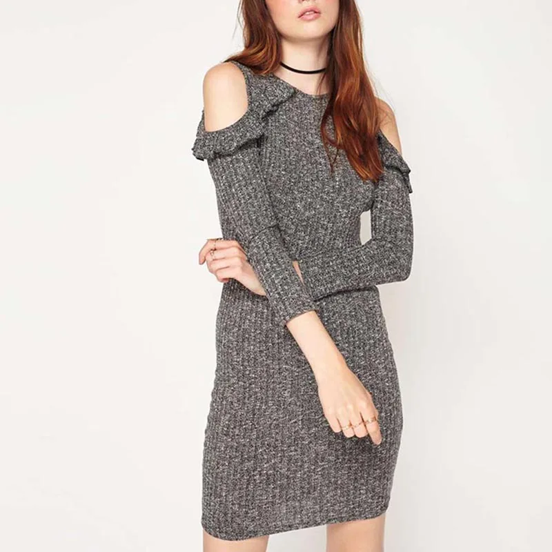 Asmax одежда однотонная серая вязаное платье тонкий Высокая Талия Cold Shoulder Dress Crew