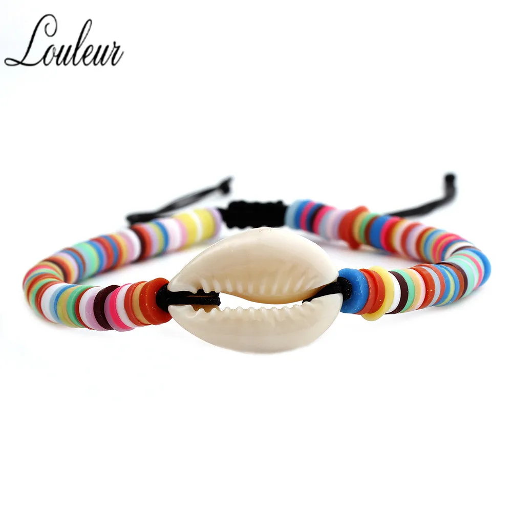 Женский плетеный браслет с радужной ракушкой в пляжном стиле|Цепочки и браслеты|