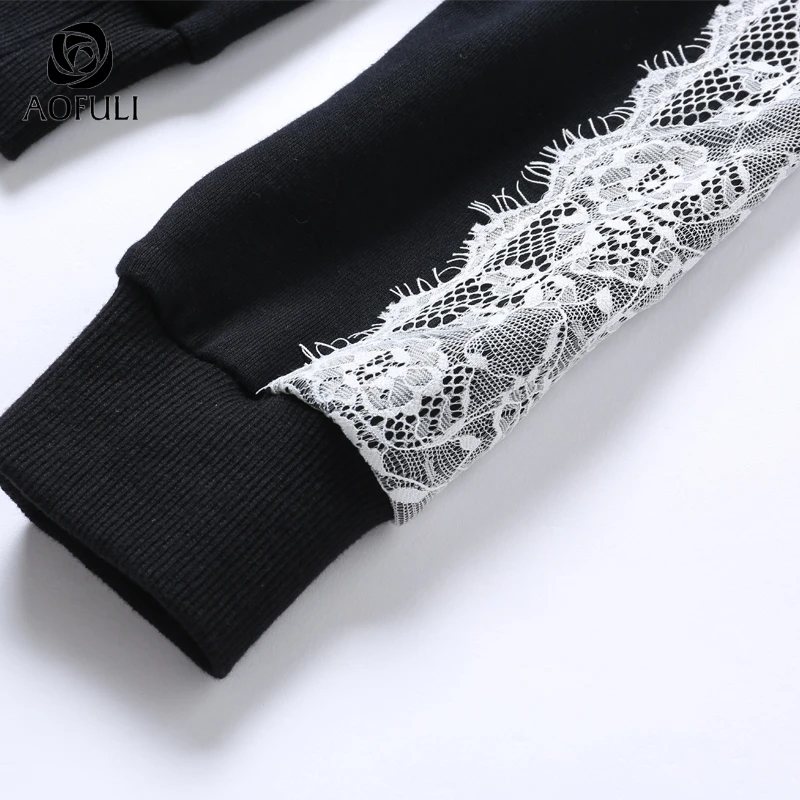 4XL/5XL Lace Patchwork Women Cotton T-shirt Autumn Winter Long Sleeve Sweatshirt Plus Size Lady Tops Black AOFULI A3733 | Женская одежда
