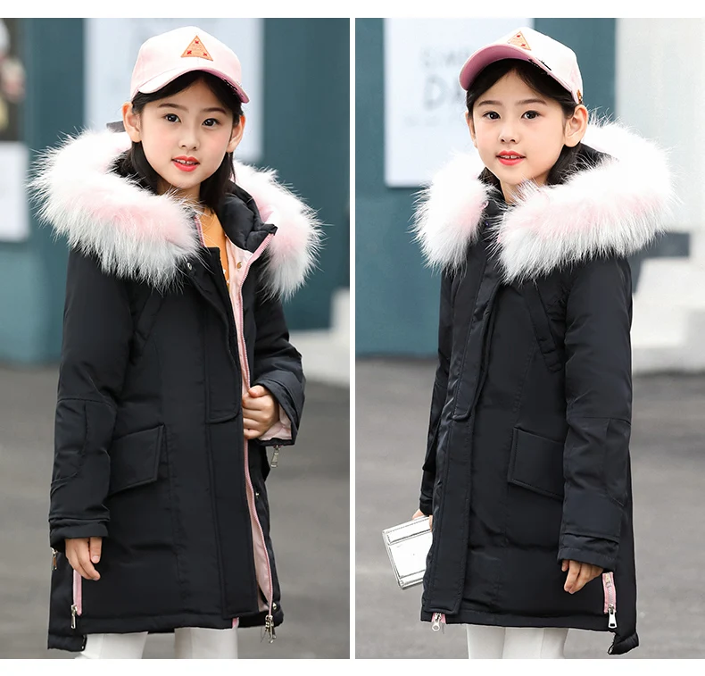 30 degrees Russia Girls down Jacket Winter Children Clothing Fashion multicolour Fur Collar Warm Outerwear& Coats 4-12 Y
