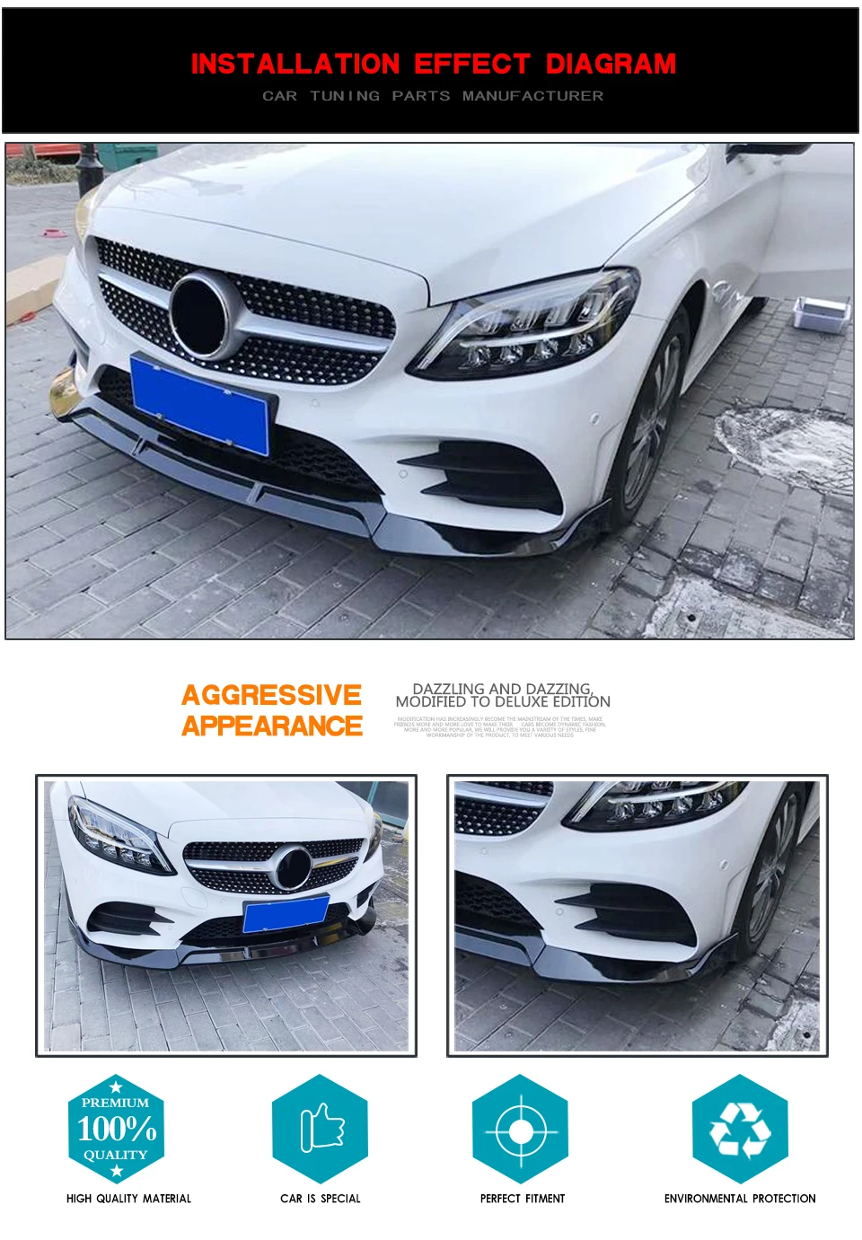 Для Mercedes-Benz C Class W205 C200 C300 Sport передний бампер для губ разветвители ABS глянцевый черный 3 шт./компл