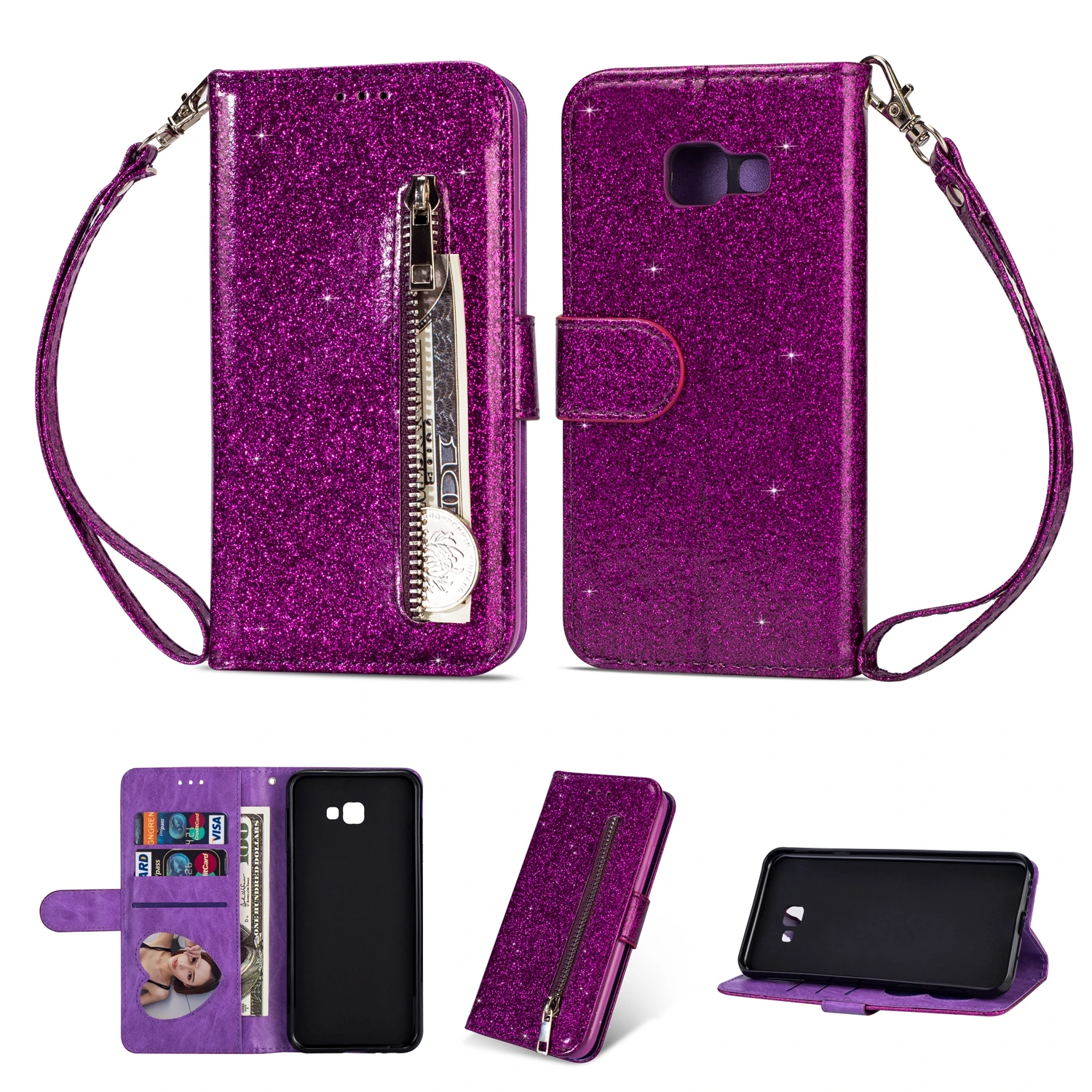 Purple Bling чехол S10E для samsung Galaxy J4 J6 A6 плюс J330 J5 Pro J730 A5 A7 A6 плюс кожаный чехол-книжка бумажник с застежкой-молнией крышка - Цвет: Purple