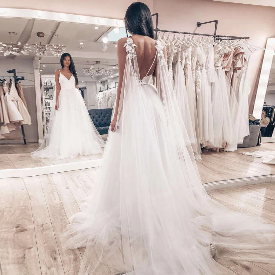 Сексуальные тонкие лямки Тюль свадебное платье Vestido De Novia без рукавов с v образным